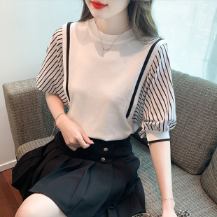 t恤女夏季 冰丝针织衫 2026新款 条纹拼接蝙蝠袖 欧货时尚 假两件短袖