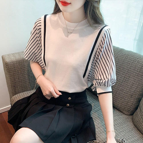 假两件短袖t恤女条纹蝙蝠衫