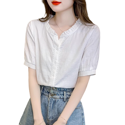 短袖纯棉衬衫木耳边立领设计感