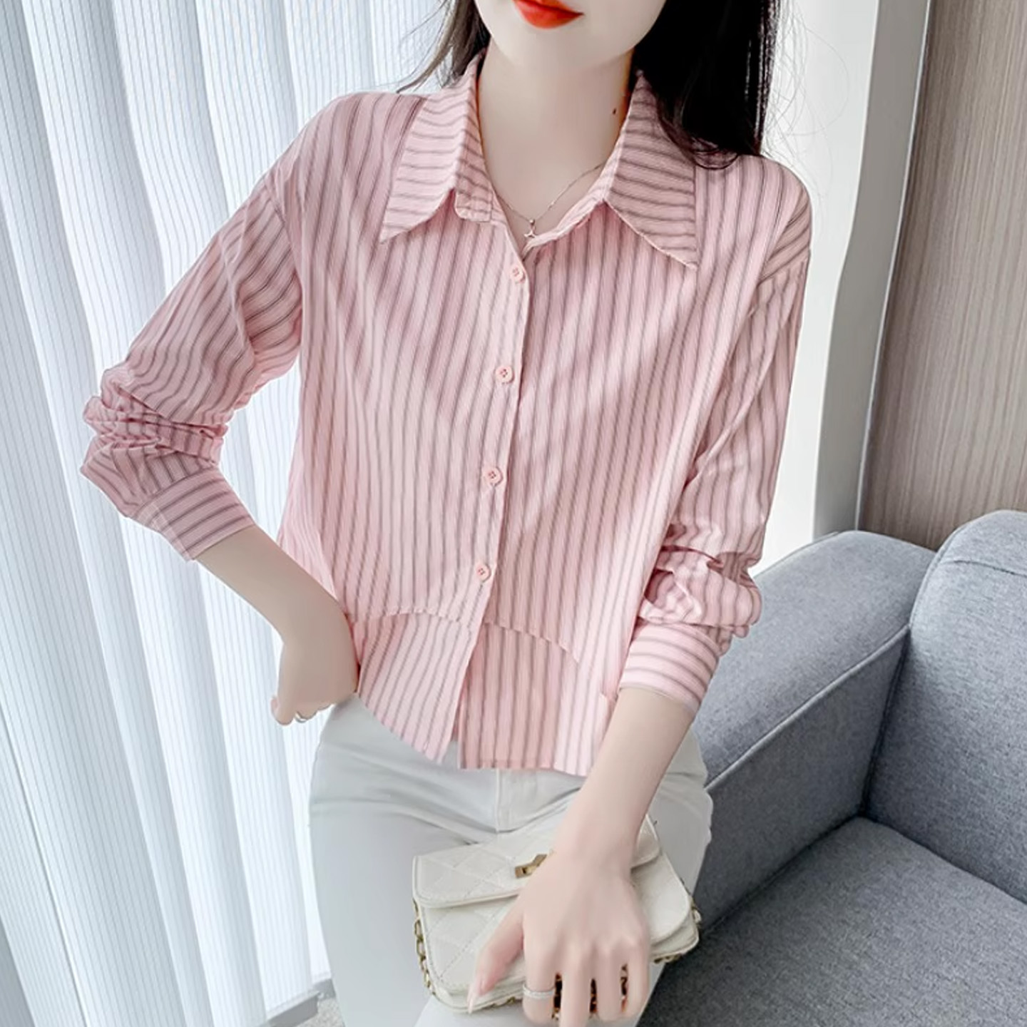 粉色条纹衬衫女拼接短款衬衣