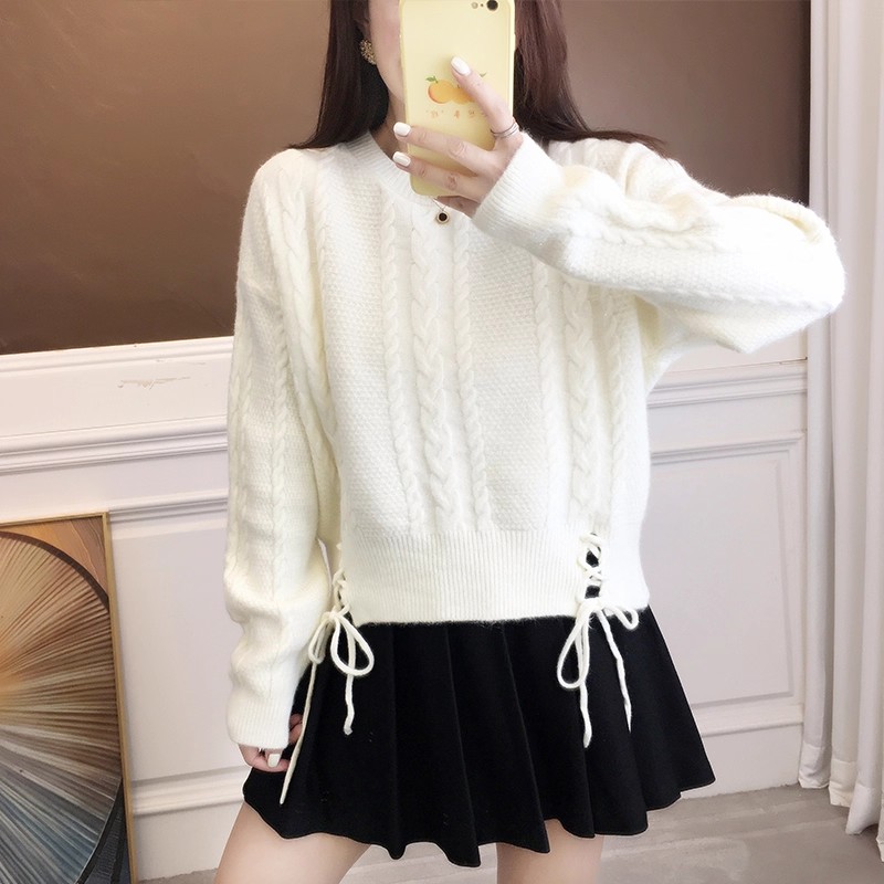 麻花毛衣女款下摆系带收腰针织衫