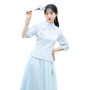 新中式日常汉服套装女夏季新款国风学生改良旗袍上衣半身裙两件套