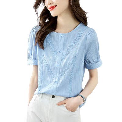 短袖蕾丝棉麻衬衫女夏泡泡袖法式