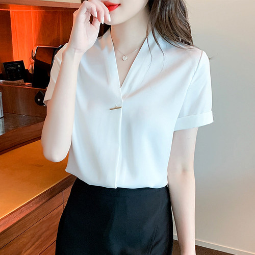 白色衬衫女气质v领职业正装衬衣