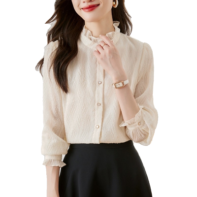 长袖雪纺衬衫木耳边法式立领