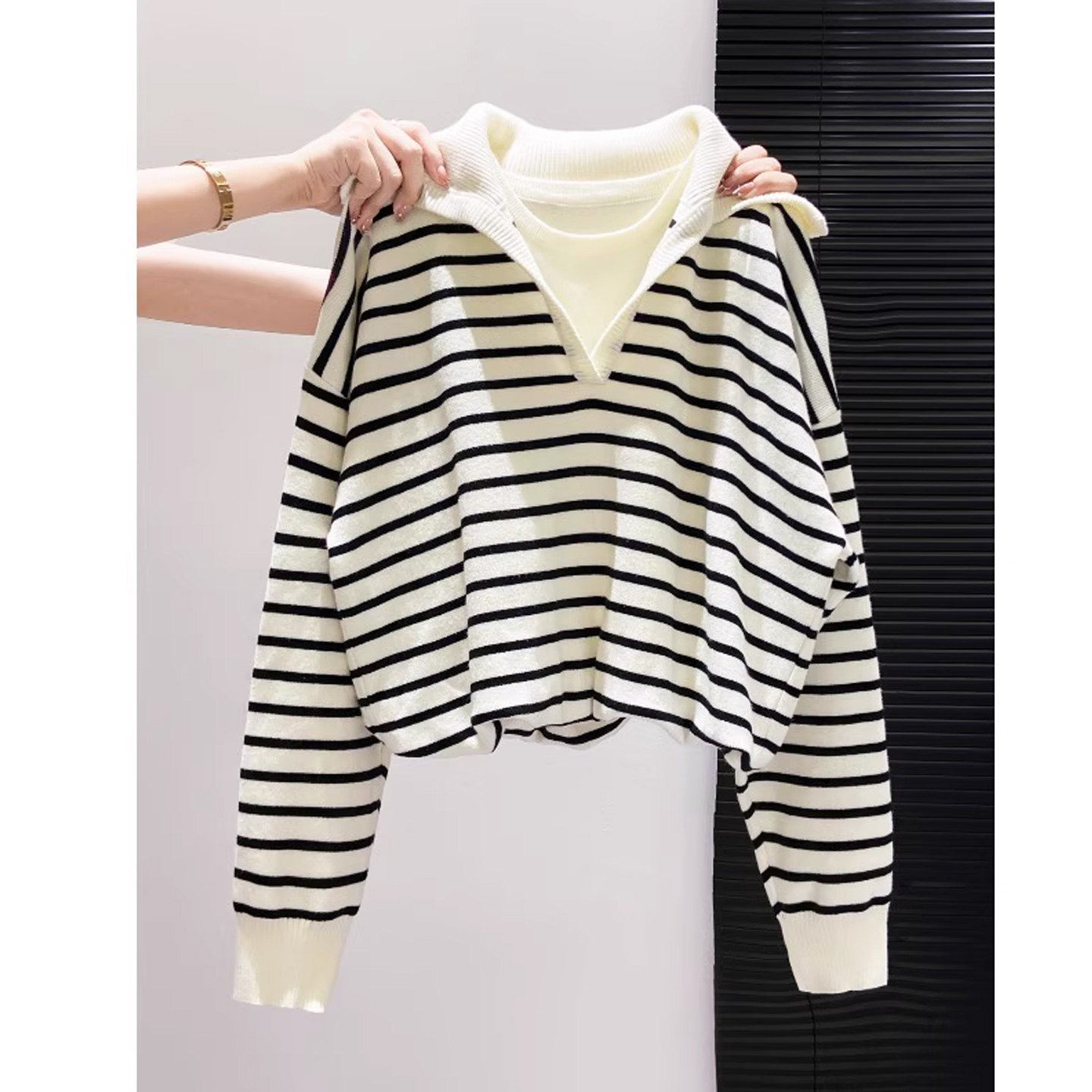 条纹针织衫女2026新款韩系早秋穿搭撞色拼接假两件毛衣长袖短外套,女装/女士精品,毛针织衫,淘宝优惠券,粉丝福利购,淘宝优惠卷