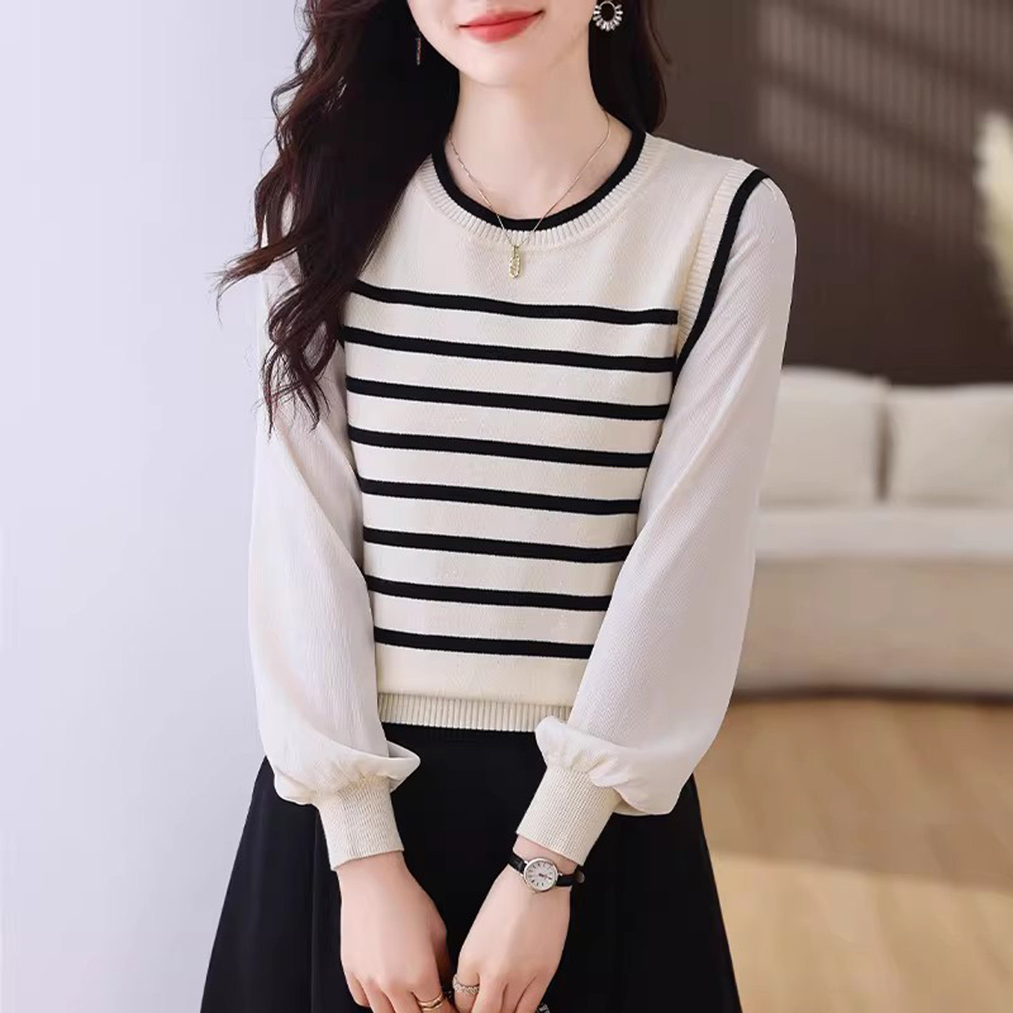 假两件针织衫女2026早春新款宽松减龄雪纺长袖拼接条纹毛衣打底衫,女装/女士精品,毛针织衫,淘宝优惠券,粉丝福利购,淘宝优惠卷