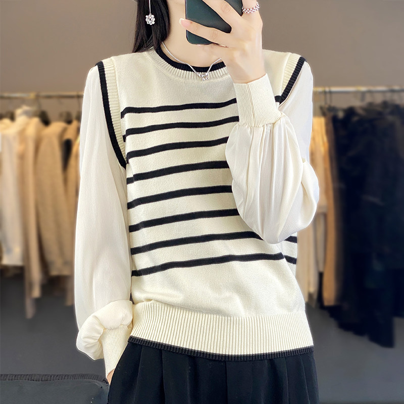 法式假两件衫女2025春季新款设计感雪纺袖拼接条纹毛衣打底衫