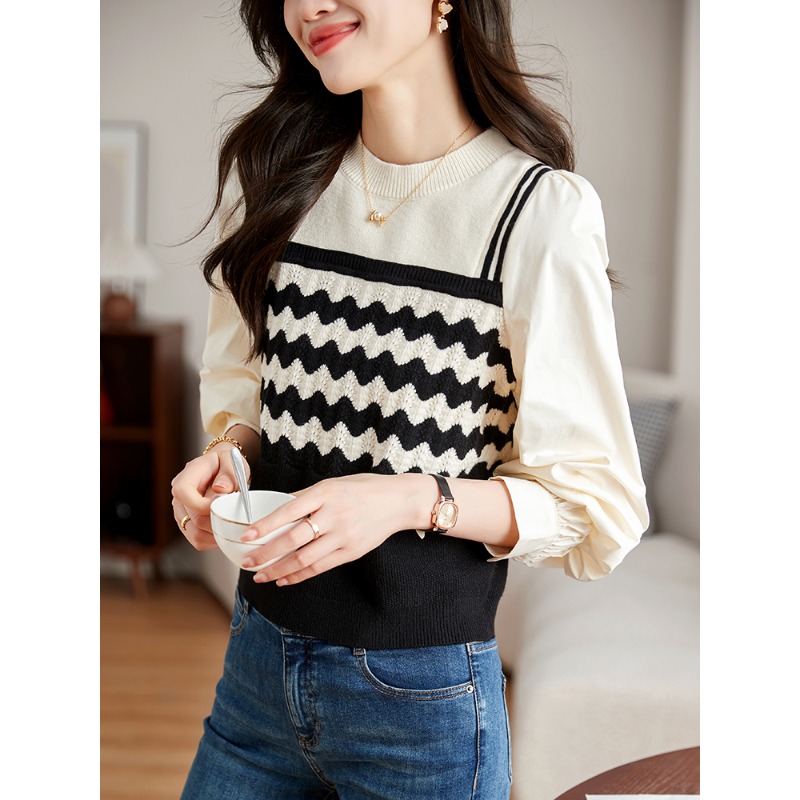 毛衣假两件条纹针织衫女拼接套头