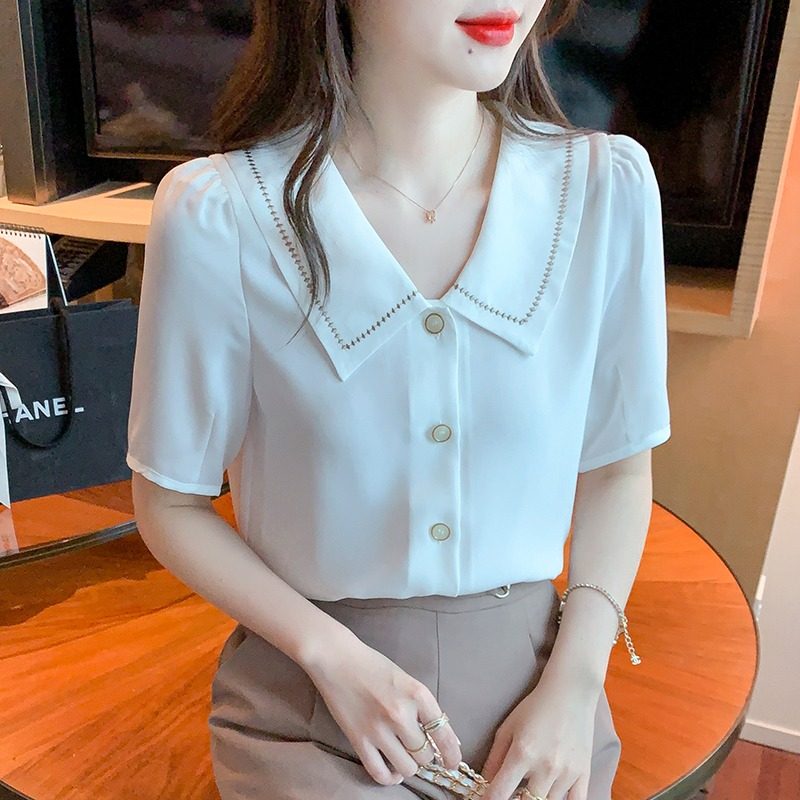 白色衬衫女夏季2026新款法式刺绣娃娃领雪纺上衣职业面试短袖衬衣