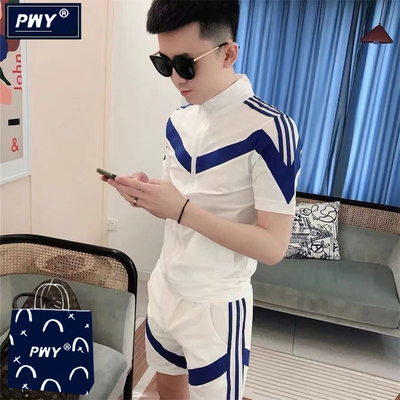 潮牌冰丝条纹运动套装男2025夏季新款休闲时尚短袖短裤搭配两件套