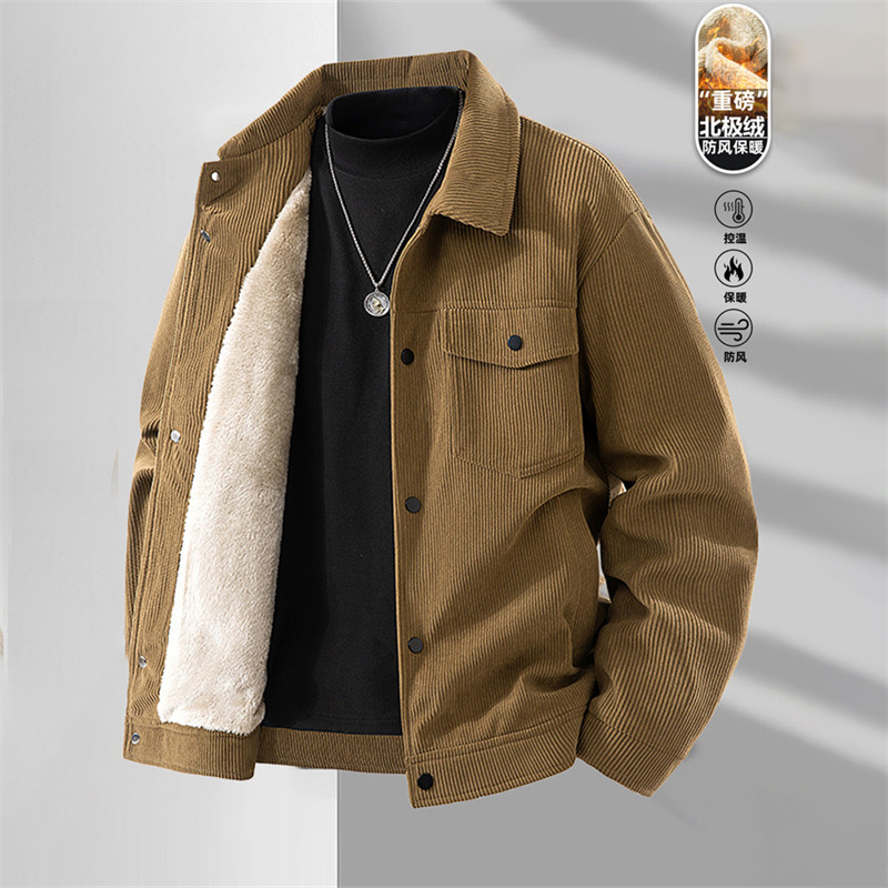 潮牌高端灯芯绒夹克男秋冬季2025新款加绒加厚休闲条绒羊羔绒外套
