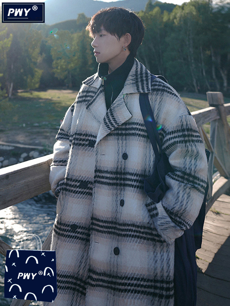 潮牌男士毛呢大衣秋冬加厚宽松韩版呢子中长款高级感风衣过膝外套,男装,毛呢大衣,淘宝优惠券,粉丝福利购,淘宝优惠卷