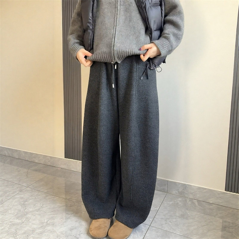 潮牌垂感毛呢加绒卫裤男士秋冬季高级感弯刀裤宽松阔腿直筒休闲裤