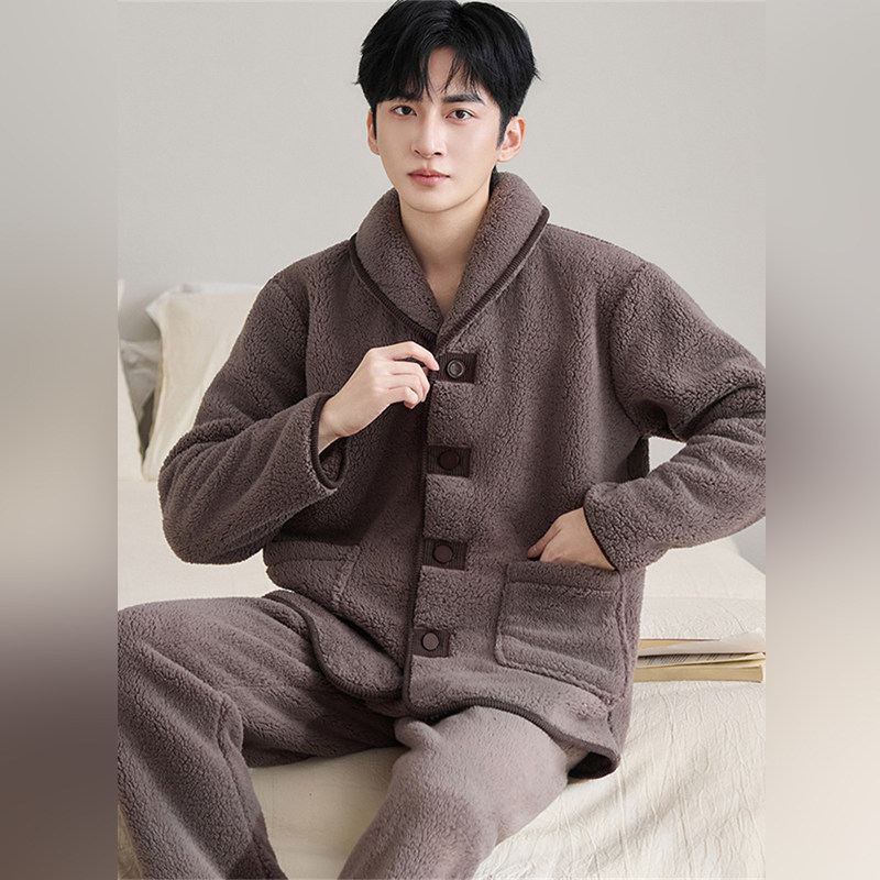 潮牌高端纯色法兰绒睡衣套装男秋冬珊瑚绒睡衣加绒加厚大码家居服