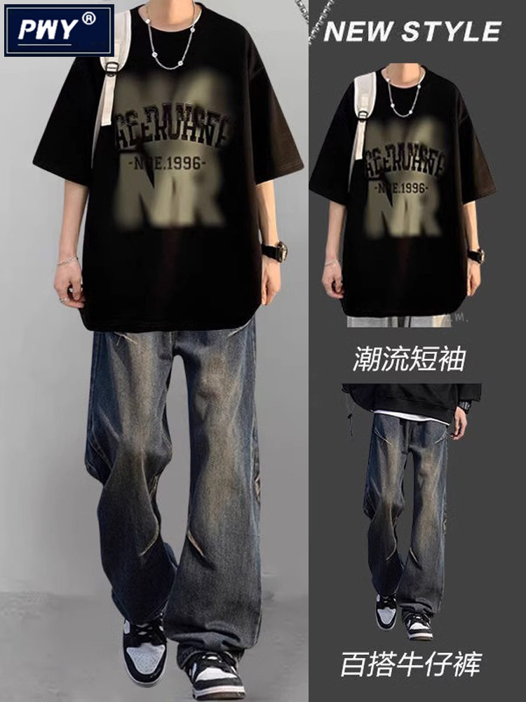 时尚品牌2025夏季男士短袖t恤套装新设计半袖t恤休闲裤帅气套装