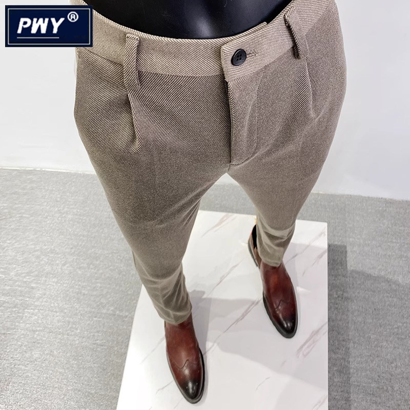 潮牌毛呢西裤男秋冬新款商务修身小脚休闲长裤高级感韩版西装裤子