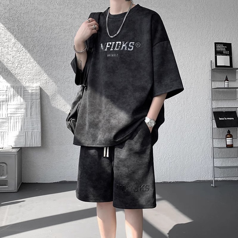 潮牌休闲套装男夏季2025新款潮流脏脏扎染短袖T恤运动短裤两件套