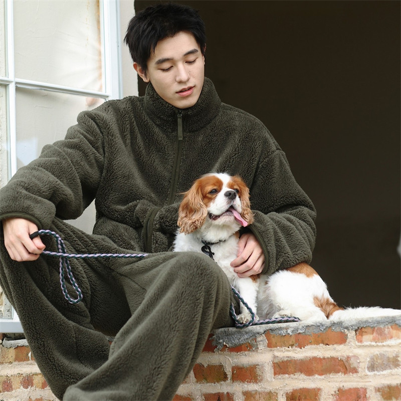 潮牌立领拉链珊瑚绒纯色睡衣套装男冬季加绒加厚保暖法兰绒家居服