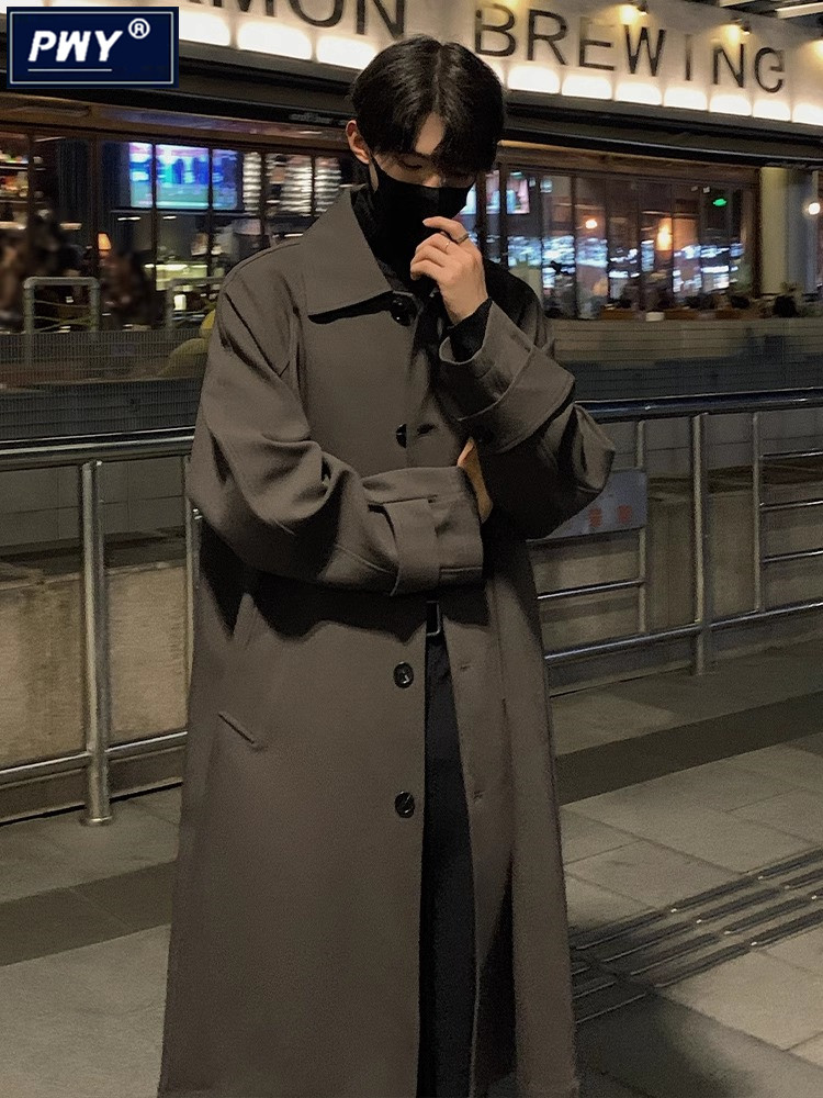 潮牌英伦风中长款风衣男秋冬季2025新款宽松休闲纯色翻领大衣外套