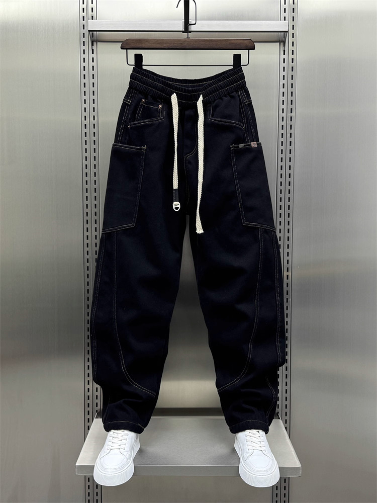潮牌美式阔腿弯刀牛仔裤男士冬季2025新款痞帅加绒加厚直筒工装裤