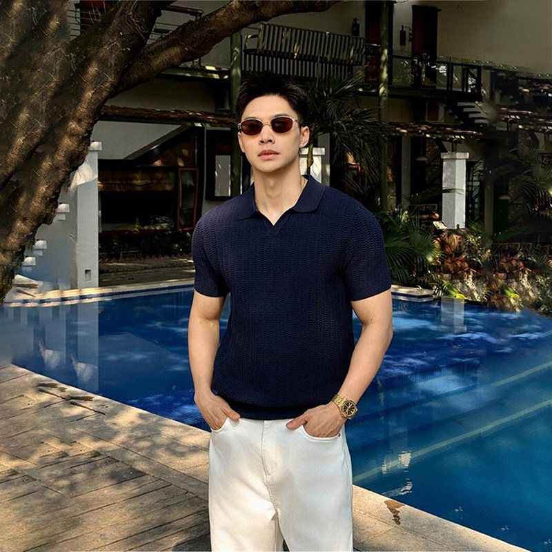潮牌肌理感针织短袖POLO衫男夏季老钱风轻薄透气翻领痞帅半袖T恤