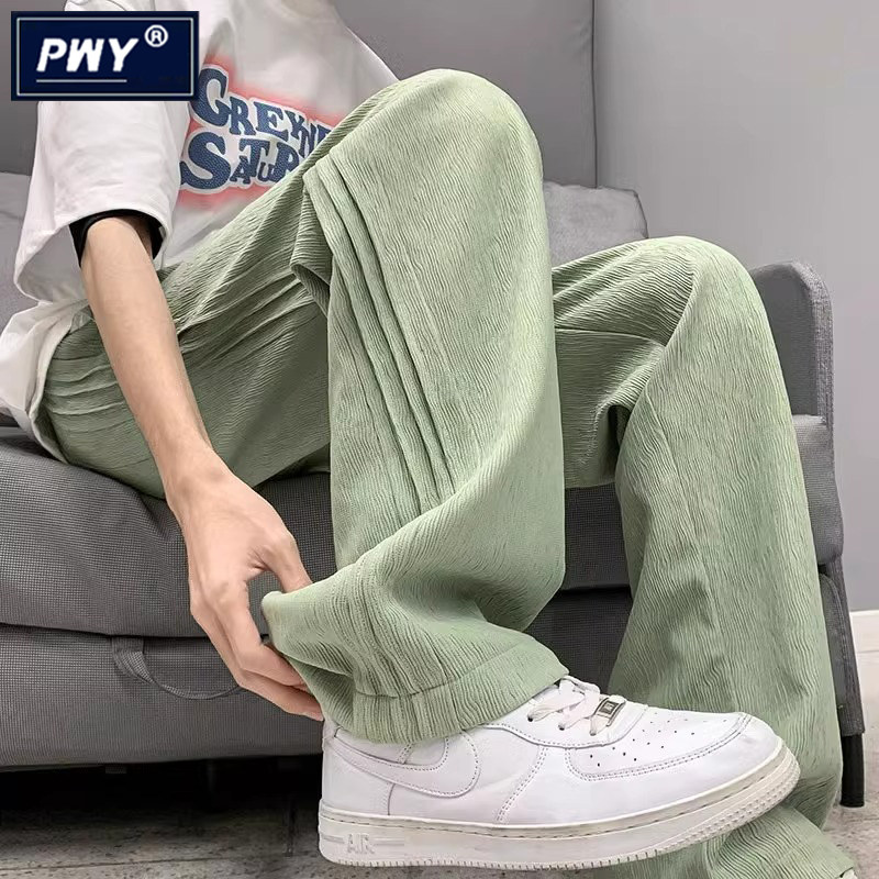 潮牌高端褶皱肌理冰丝裤子男夏季薄款阔腿裤垂感高级感宽松直筒裤