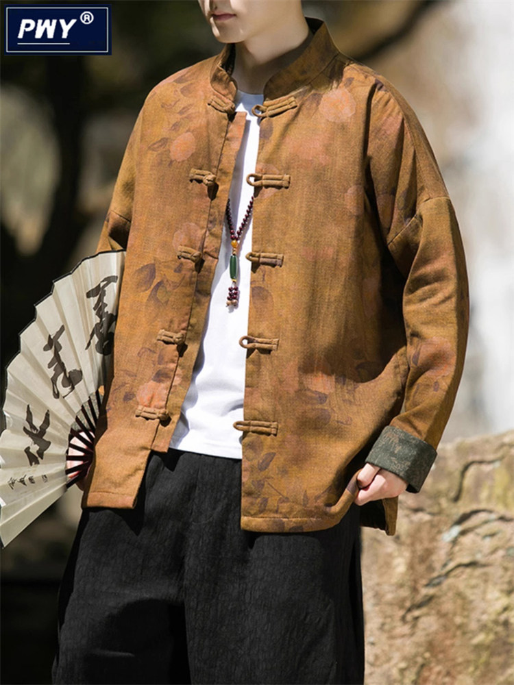 潮牌中国风棉麻印花外套男士春秋季新中式覆古唐装汉服夹克中山装