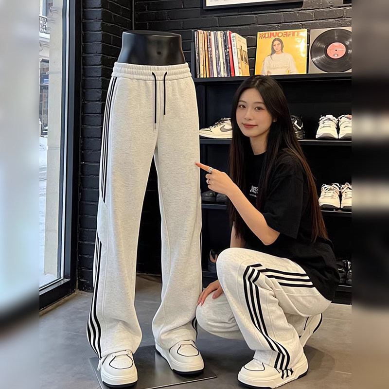 潮牌美式条纹弯刀裤男夏季薄款2026新款休闲卫裤加长版微喇运动裤