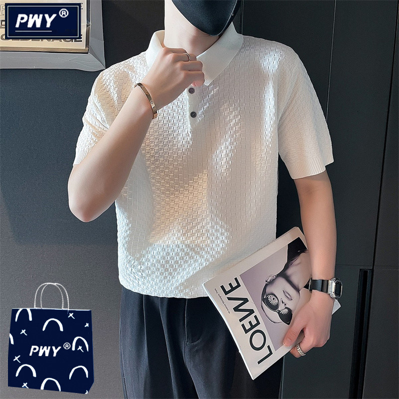 潮牌华夫格冰丝polo衫短袖男夏季薄款高级感痞帅翻领t恤针织半袖