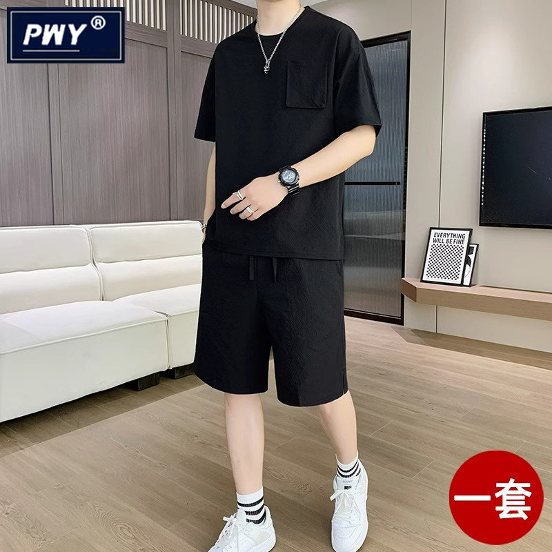 潮牌休闲运动套装男夏季2026新款宽松大码口袋短袖t恤短裤两件套