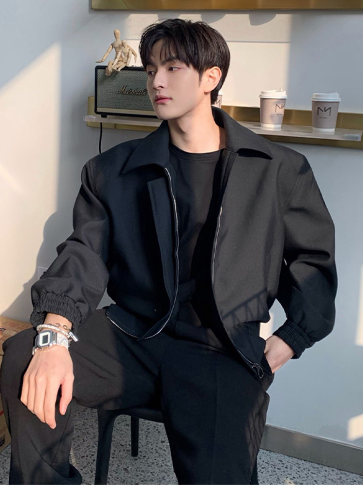 潮牌美式黑色飞行员夹克男春秋季潮流痞帅高级感翻领垫肩短款外套