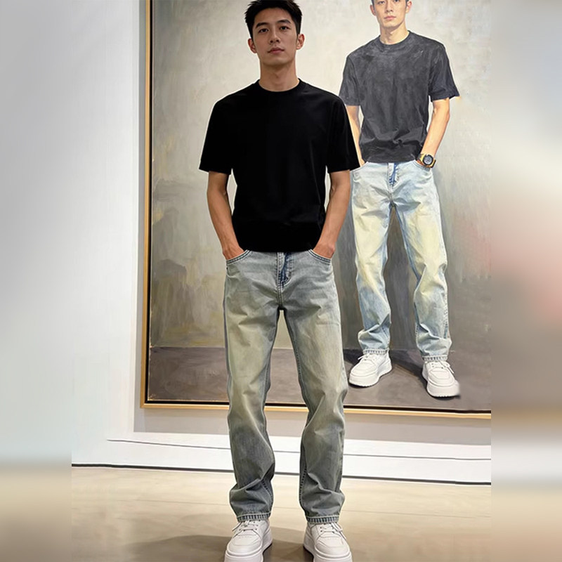潮牌美式复古直筒牛仔裤男夏季薄款2026新款窄版修身工装休闲长裤