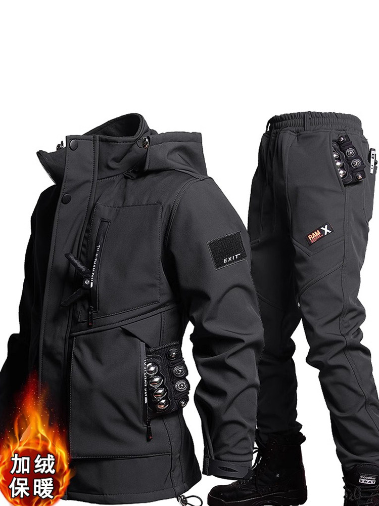 潮牌户外冲锋衣套装男士冬季2025新款防风加绒工作服工装棉服外套