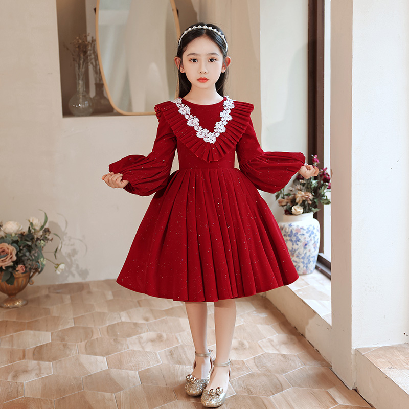 儿童高端礼服女童红色生日公主裙花童小女孩主持人钢琴演出服冬季