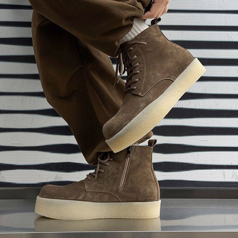 高帮工装靴户外马丁靴男潮款增高靴子男款高级厚底圆头系带机车靴