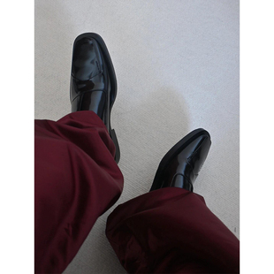 男款方头皮鞋男欧美风漆皮扁头德比鞋一脚蹬拼接男士通勤休闲单鞋