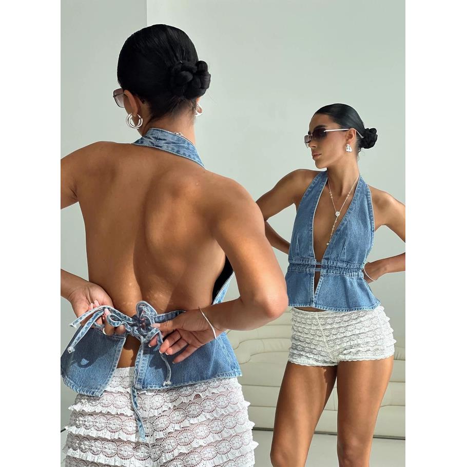2024欧美性感辣妹水洗牛仔漏背挂脖系带牛仔上衣 Sexy denim top