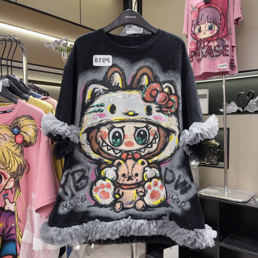 宽松大板微胖拉布布网拼接短袖T恤裙女新款蝴蝶纱休闲中长款上衣