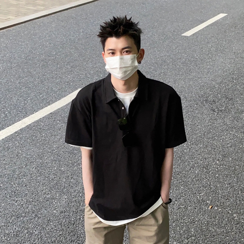 polo衫男夏季日系宽松纯色翻领t恤简约青少年半袖上衣潮POLO01P55,男装Polo衫,电商A400（原B301）