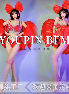 酒吧gogo演出服红色蝴蝶结套装比基尼性感颗粒作秀派对夜店DS表演