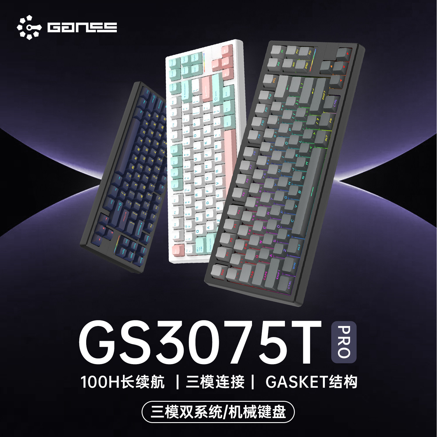 GANSS高斯GS3075TPRO三模有线蓝牙2.4G热插拔旋钮
