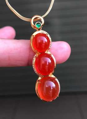 南红玛瑙保山冰红四季豆福豆吊坠18k金镶嵌项链锁骨链男女款收藏