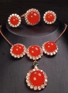 原矿保山南红冰红三件套装耳坠环戒指天珠三通复古背云流行时尚女
