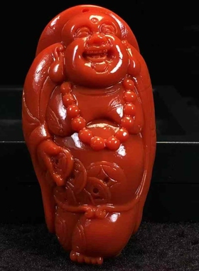 南红玛瑙笑佛吊坠锦红收藏瓦西雕件满色满肉挂件男女款辣椒红百搭