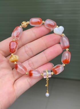 川料南红特色飘花随形手链diy单圈手串百搭时尚饰品玉石吊坠挂件