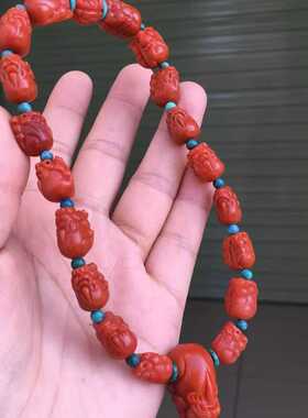 川料南红玛瑙貔貅手持柔光满肉满色红润男女款单圈玉石收藏文玩