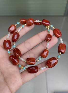 川料南红玛瑙diy随行项链锁骨链女款高端大气上档次珍珠绿松石