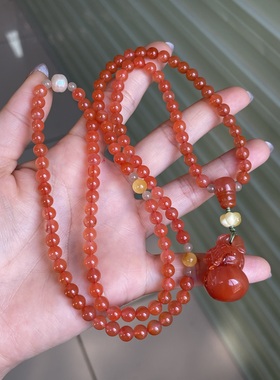 川料南红樱桃红吊坠佛珠长链做工精细玉质饱满百搭时尚男女款玉石