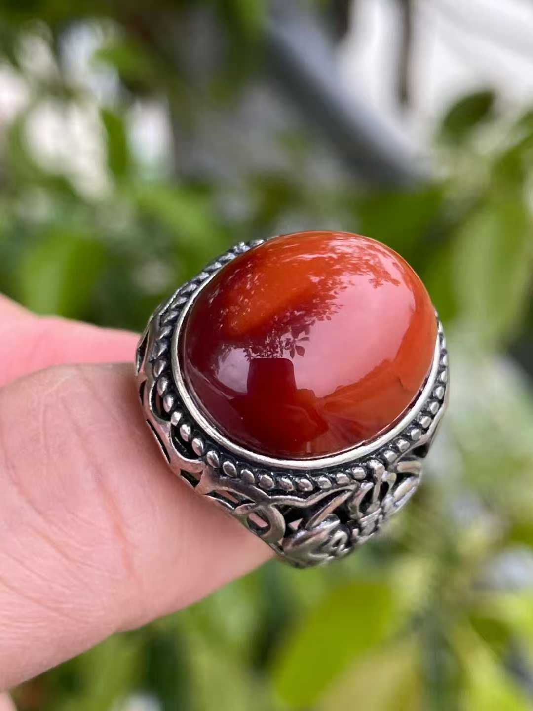 精品南红玛瑙男款戒指925银活口镶嵌珠宝古玩收藏旧物件手串